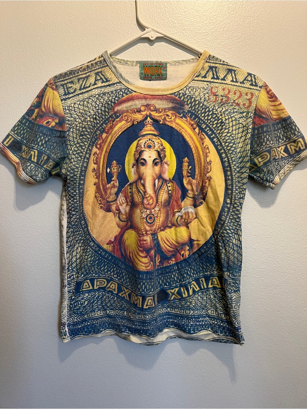 Vintage Y2K Ganesha AOP T Shirt Greek Drachma Out Of WORK Womens M